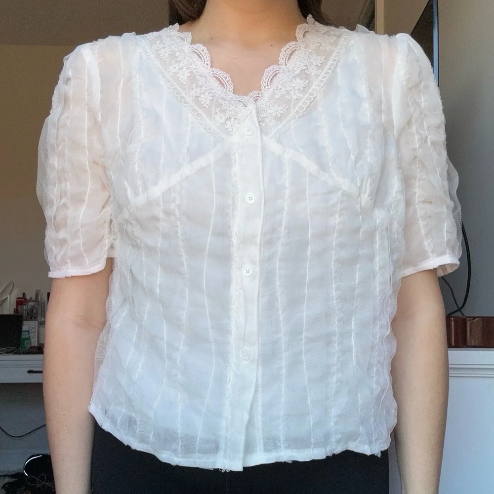 NWOT Sheer Frilled Mesh Blouse - Picture 2 of 9